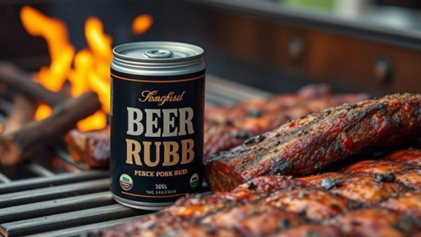 Beer-Infused Rubs and seasoned grilled pork ribs next to a barbecue fire.