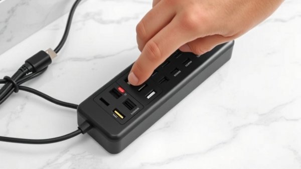 Hand switching off a power strip for power strip safety guidelines.