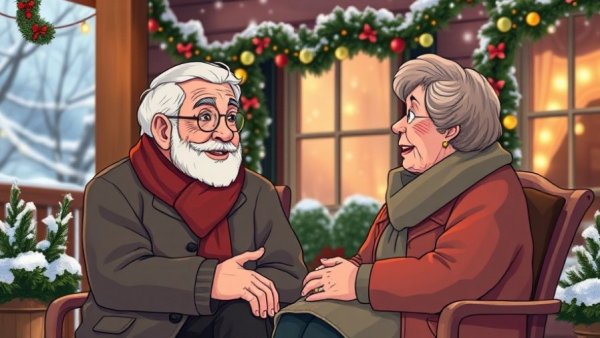 Elderly couple enjoying conversation on decorated porch, highlighting importance of listening to aging parents.