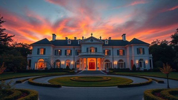 Elegant unsold mansion for sale in Australia, grand entrance at sunset.