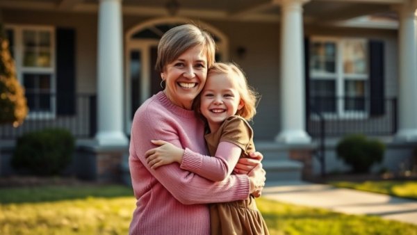 Fannie and Freddie low-income homebuyer goals: Happy mother and daughter embracing outside their home.