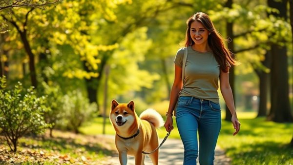 Dog owner keeps park clean, walking dog on a sunny day.