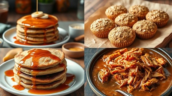 Collage of two-ingredient recipes with pancakes, muffins, cookies, chicken.
