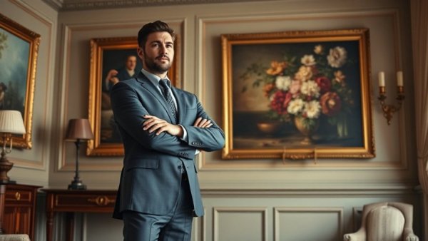 Businessman's confident pose in art-filled office, Adelaide luxury property market growth