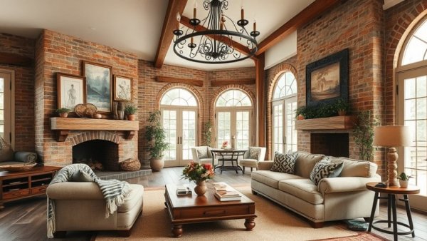 Rustic living room with brick fireplace and eclectic decor