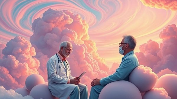 Surreal cartoon of doctor and patient discussing emotional and holistic healing amid dreamlike clouds.
