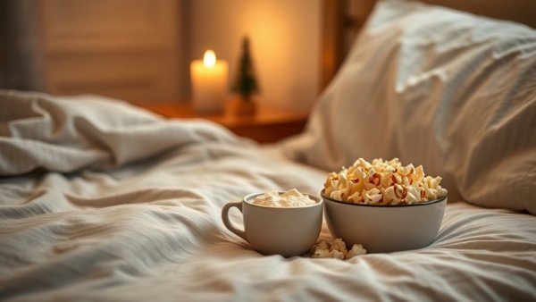 Cozy bed setup with popcorn and coffee; great for best New Year’s Eve movies night.