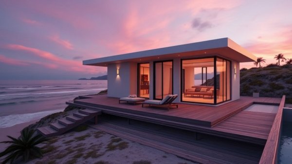 Modern luxury home overlooking ocean in Tasmania sunset, 2025.