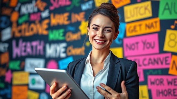 Confident businesswoman with tablet, colorful text background, 2025 real estate trends