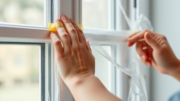 Hands applying plastic window insulation for cost savings.