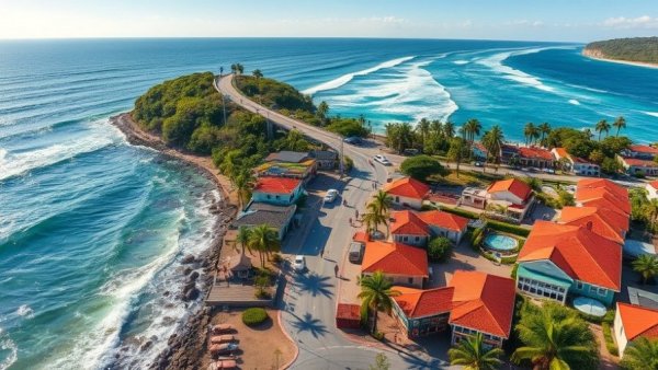Aerial view of Australian coastal town and pubs with ocean.