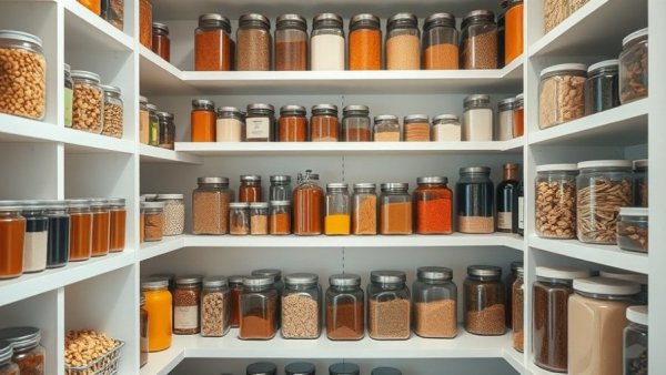 Organized pantry with jars and containers for efficient storage.