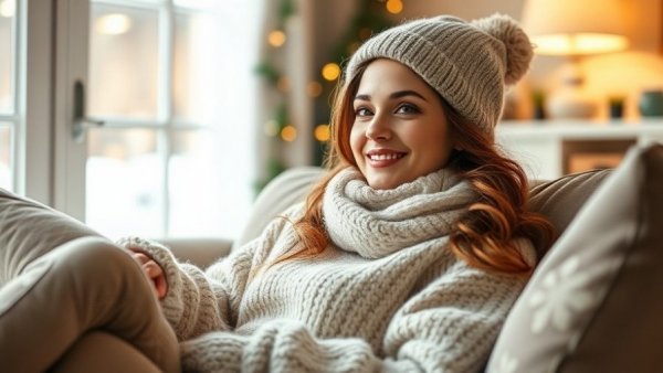 Smiling woman in winter outfit relaxing indoors, winter skincare strategies