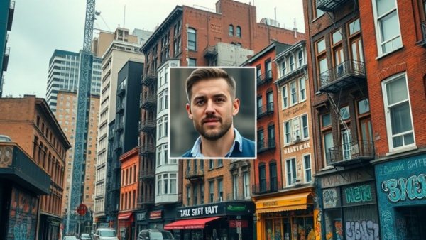 Vibrant urban streetscape with professional portrait; Reputation in Real Estate.