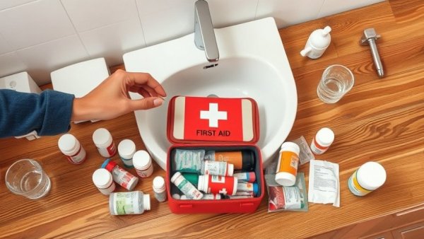Hands organizing FSA-funded first aid kit with various medicines.