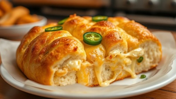 Jalapeño cheddar cottage cheese pull-apart bread on a plate.