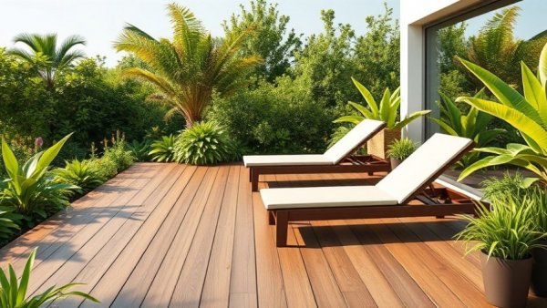 Sleek wooden deck design with loungers and greenery.
