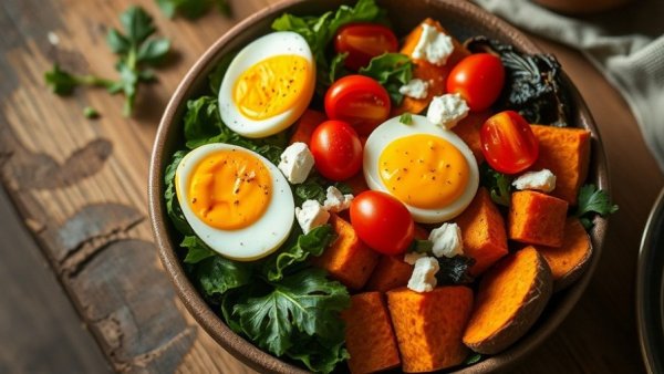 Sweet Potato Breakfast Bowl with eggs and greens on a table.