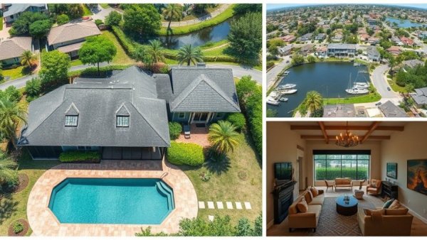 Residential property collage at 284 Clocktower Drive with pool and aerial view.