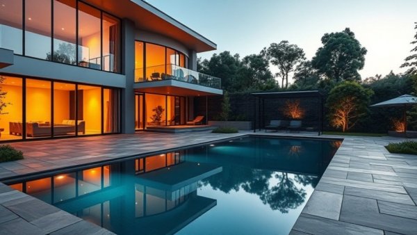 Modern luxury home with pool demonstrating how mortgage interest works.