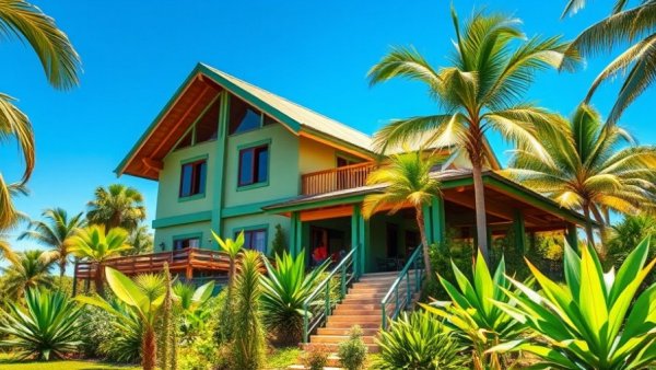 Elevated house with tropical plants reflecting Darwin property market growth.