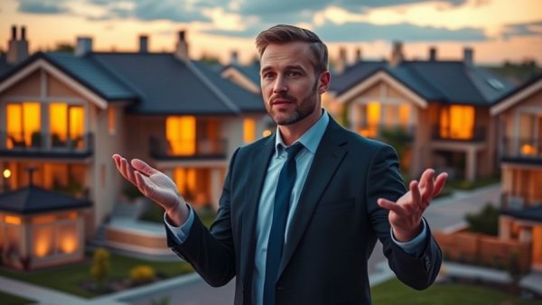 Dynamic speaker in colorful suburban neighborhood, real estate trends in 2025.