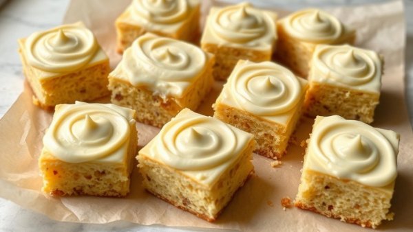 Vegan Lemon Olive Oil Cake slices with creamy frosting on parchment.