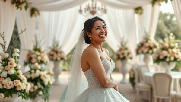 Elegant wedding venue with joyful bride, multimillion-dollar wedding.