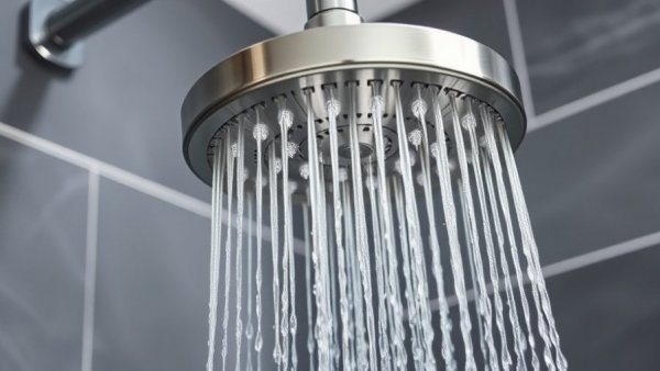 Stainless steel high-pressure shower head with water streaming in bathroom.