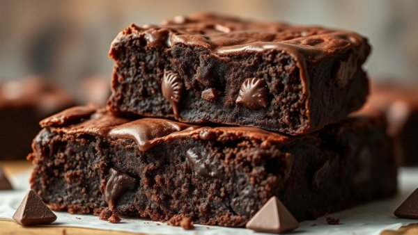 Rich vegan double chocolate brownies stacked with chocolate chips.