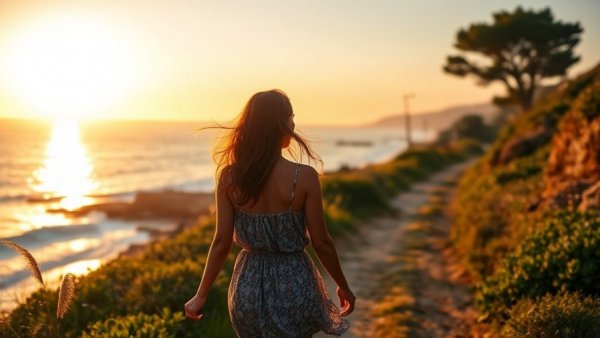 Serene woman walking on coastal path, design your dream year 2026.