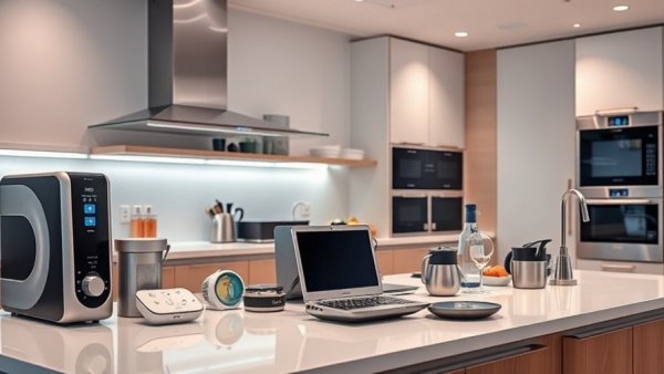 Modern kitchen with innovative gadgets on countertop.