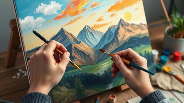 Hands painting a DIY art landscape on canvas, personalizing home decor.