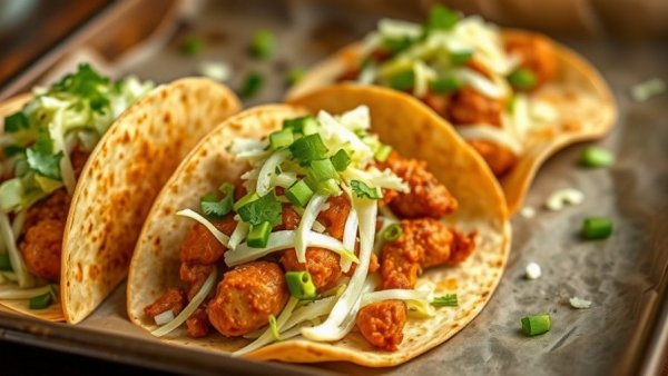 Close-up of Sheet Pan Buffalo Chicken Tacos with vibrant toppings.