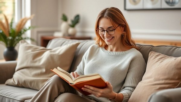 Relaxed woman reading a book on a couch, Choose a Word of the Year.
