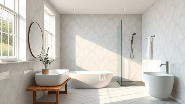 Modern bathroom with wallpaper look, tile durability.