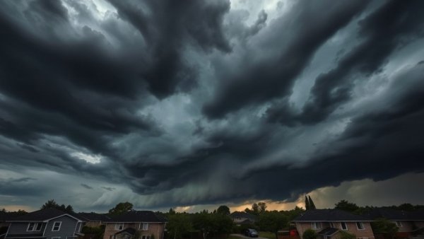 Dramatic storm clouds over suburban homes, depicting challenge and uncertainty, FHA Loan Delinquencies.