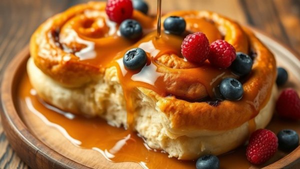 High protein triple berry buns drizzled with syrup and fresh berries.