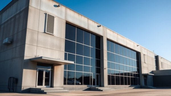 Modern industrial facility exterior in Ontario CA under clear sky.