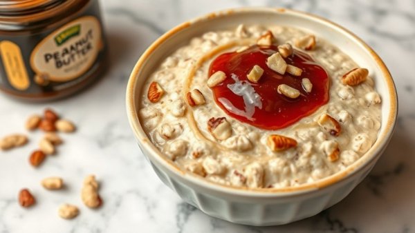 Peanut Butter and Jelly Protein Oatmeal in a white bowl with spoon.