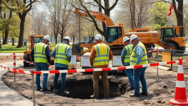 Workers inspect Heidelberg sinkhole impact on property in a park.