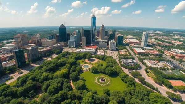 Aerial view of Houston skyline and park, The Agency Houston expansion.
