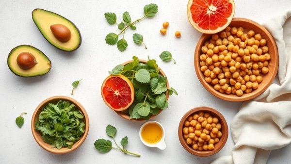 Healthy foods for supporting your microbiome in a flat lay setting.