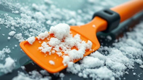 Best Ice Scrapers 2026: Close-up of orange scraper on snowy windshield.