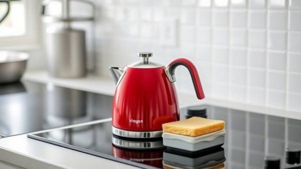 Red kettle with vinegar and sponge on stovetop for descaling steps.