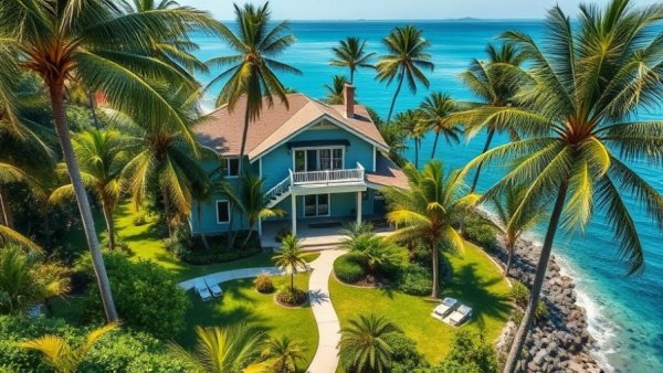 Coastal home for sale under $5 million with lush garden and waterfront view.
