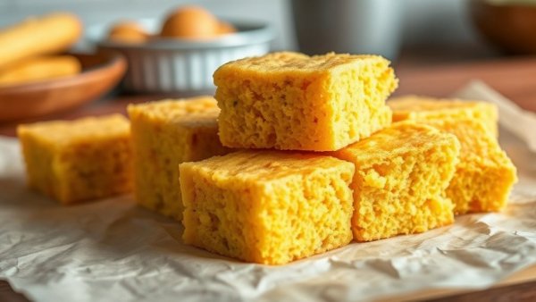 Golden pieces of healthy protein cornbread stacked neatly on paper.