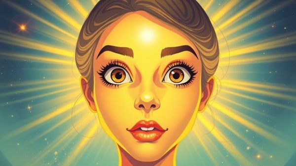 Ethereal woman with radiant forehead light, Cartoon style, therapy symbolism.