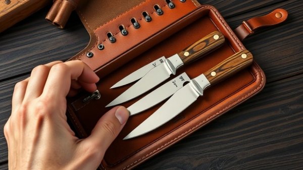 Hands opening a leather case with the best whittling knife set.