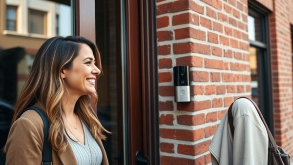 Two women interacting with video doorbell of 2026 on brick wall.